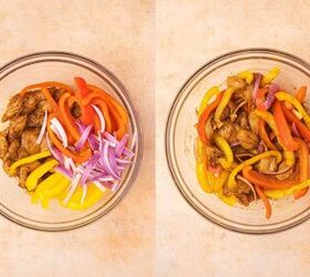 quick air fryer chicken fajita bowl 30 minute weeknight meal, Bell peppers and sliced onions being mixed into seasoned chicken evenly coating the vegetables and meat
