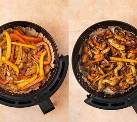 quick air fryer chicken fajita bowl 30 minute weeknight meal, Chicken and vegetable mixture placed in an air fryer basket cooking at 400 F until lightly charred and fully cooked
