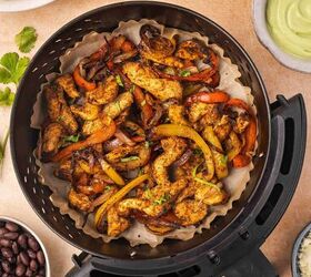 quick air fryer chicken fajita bowl 30 minute weeknight meal, uicy air fryer chicken strips combined with soft slightly charred bell peppers and onions in a crispy air fryer basket setting