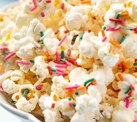 3 ingredient funfetti popcorn recipe easy no bake treat, Easy no bake funfetti popcorn clusters arranged in a bowl for serving