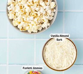 3 ingredient funfetti popcorn recipe easy no bake treat, Ingredients for 3 ingredient funfetti popcorn including popped popcorn vanilla almond bark and rainbow sprinkles on a light background