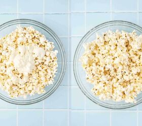 3 ingredient funfetti popcorn recipe easy no bake treat, Popped popcorn being mixed with melted almond bark in a large bowl until evenly coated