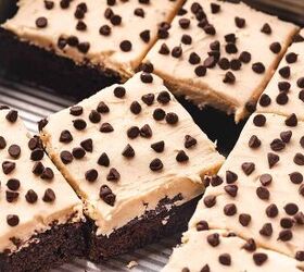 easy mexican chocolate cake recipe from cake mix, Top view of frosted Mexican chocolate cake in a rectangular baking tray with chocolate chips sprinkled evenly