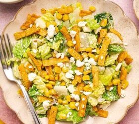 easy breakfast tacos with pico scrambled eggs, Mexican Caesar salad served on a salad plate with romaine lettuce Cotija cheese roasted corn tortilla strips and creamy lime dressing