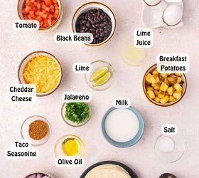 easy breakfast tacos with pico scrambled eggs, Ingredients for easy breakfast tacos including eggs corn tortillas black beans potatoes cheese avocado and fresh pico de gallo ingredients like tomatoes onion jalape o cilantro and lime
