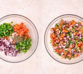 easy breakfast tacos with pico scrambled eggs, Mixing tomatoes red onion jalape o cilantro lime juice and salt to make fresh pico de gallo in a bowl