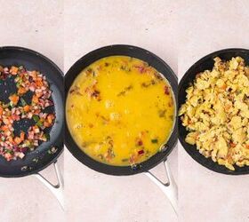 easy breakfast tacos with pico scrambled eggs, Cooking pico de gallo in a skillet and adding eggs to make soft and fluffy scrambled eggs