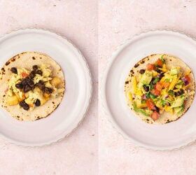 easy breakfast tacos with pico scrambled eggs, Assembling breakfast tacos with potatoes pico scrambled eggs black beans cheese avocado and cilantro