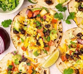 easy breakfast tacos with pico scrambled eggs, Mexican style breakfast tacos with pico de gallo scrambled eggs and fresh toppings served on a platter