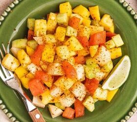 easy breakfast tacos with pico scrambled eggs, Colorful Mexican fruit salad with watermelon mango pineapple cucumber and jicama served on a plate with Taj n