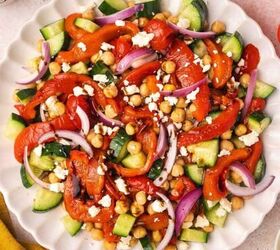 easy breakfast tacos with pico scrambled eggs, Roasted red bell pepper and chickpea salad with cucumber red onion and crumbled feta on a white serving platter