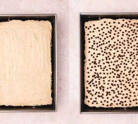 easy mexican chocolate cake recipe from cake mix, Spreading buttercream over cooled chocolate cake and topping with mini chocolate chips before slicing