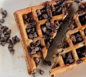 homemade chocolate chip waffles easy chocolate chip waffles, Overhead image of chocolate chip waffles cut in half