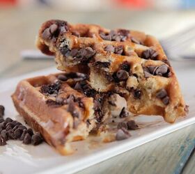 homemade chocolate chip waffles easy chocolate chip waffles, A homemade chocolate chip waffle cut in half on a plate