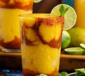 chicken tinga tostadas easy slow cooker recipe, Mangonada with mango chunks around it a lime and mint garnish