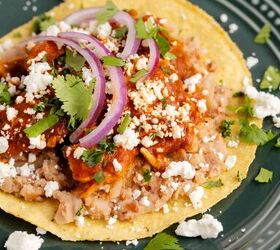 chicken tinga tostadas easy slow cooker recipe, Tostados de Tinga from above close up
