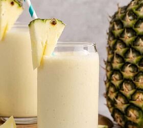 chicken tinga tostadas easy slow cooker recipe, Pineapple Banana Smoothie with Coconut Milk on a counter and a pineapple in the back