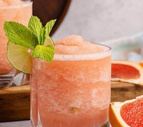 chicken tinga tostadas easy slow cooker recipe, Non alcoholic frozen paloma served in a glass and garnished with a lime round and fresh mint with slices of grapefruit beside