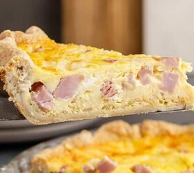 pineapple banana smoothie with coconut milk, Ham and Swiss Quiche Slice Lifted on Pie Server Side View
