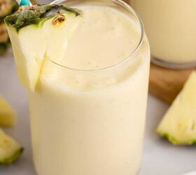 pineapple banana smoothie with coconut milk, Overhead of a Pineapple Banana Smoothie with Coconut Milk in a glass