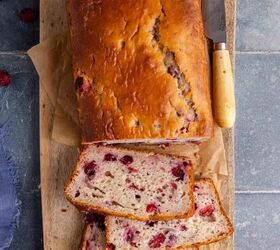 pineapple banana smoothie with coconut milk, Cranberry Sauce Bread on a cutting board with slices from above