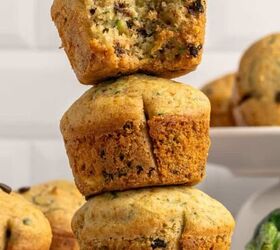 blueberry yogurt muffins with crumble topping, Gluten free zucchini muffins stacked on top of each other with the top muffin half eaten