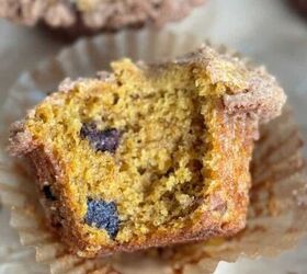 blueberry yogurt muffins with crumble topping, A gluten free pumpkin muffin half eaten and laying in a paper liner