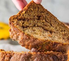 blueberry yogurt muffins with crumble topping, Holding a slice of Cinnamon Banana Bread