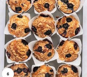 blueberry yogurt muffins with crumble topping, A muffin tin filled with twelve golden brown blueberry yogurt muffins each topped with fresh blueberries and crumbly streusel sits on a light surface A white circle with the number 6 appears in the lower left corner