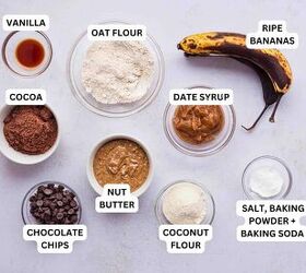 fudgy banana chocolate cookies soft easy banana cookies recipe, Banana Chocolate Cookies Ingredients in clear glass bowls