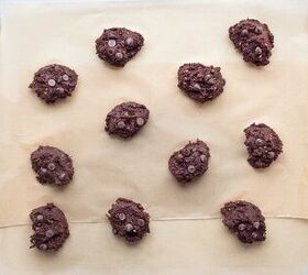 fudgy banana chocolate cookies soft easy banana cookies recipe, scooped banana chocolate cookies on baking sheet ready to bake