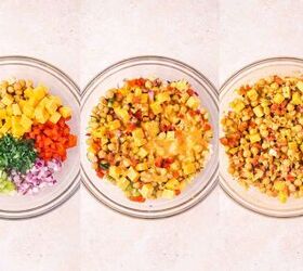 easy buffalo chickpea salad quick meal prep friendly, Large bowl with chickpeas celery red onion red bell pepper cheddar cheese and herbs being combined with buffalo dressing and gently tossed until evenly coated