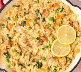 easy tuna chickpea salad sandwich recipe protein packed lunch, Creamy lemon chicken orzo pasta with carrots and peas cooked in a 10 inch skillet finished with fresh lemon slices