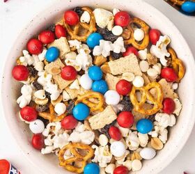 easy red white blue snack mix 4th of july no bake recipe, Colorful red white and blue snack mix in white bowl with popcorn and M M s for summer party