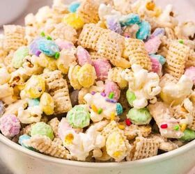 easy red white blue snack mix 4th of july no bake recipe, Festive Easter Bunny Bait served in a bowl featuring Chex cereal popcorn M Ms white chocolate drizzle sprinkles and shredded coconut
