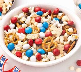 easy red white blue snack mix 4th of july no bake recipe, Festive summer snack mix in bowl with red white and blue candies popcorn and nuts