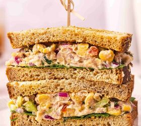 easy tuna chickpea salad sandwich recipe protein packed lunch, Close up view of tuna chickpea salad sandwich showing creamy texture and filling
