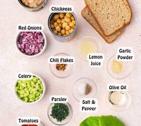 easy tuna chickpea salad sandwich recipe protein packed lunch, Ingredients for tuna chickpea salad including canned tuna chickpeas mayonnaise olive oil lemon juice garlic powder chili flakes red onion cucumber tomatoes parsley bread and butter lettuce