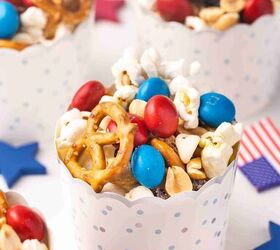 easy red white blue snack mix 4th of july no bake recipe, Red white and blue snack mix served in small snack cups with popcorn pretzels and M M s for 4th of July