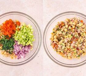 easy tuna chickpea salad sandwich recipe protein packed lunch, Adding chopped red onion cucumber cherry tomatoes and parsley to tuna and chickpea mixture