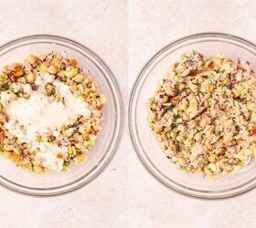 easy tuna chickpea salad sandwich recipe protein packed lunch, Pouring creamy dressing over tuna chickpea salad and gently mixing until coated