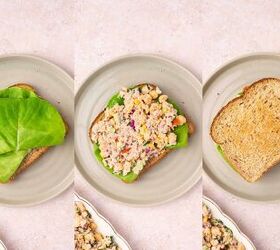 easy tuna chickpea salad sandwich recipe protein packed lunch, Layering butter lettuce and tuna chickpea salad between slices of bread to make a sandwich