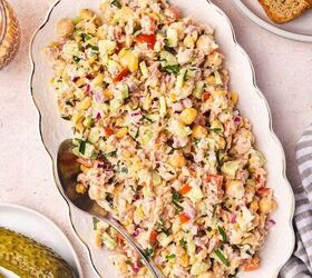 easy tuna chickpea salad sandwich recipe protein packed lunch, Fresh tuna chickpea salad served in a large platter with creamy dressing vegetables and herbs