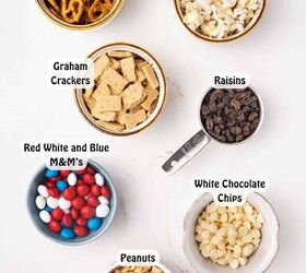 easy red white blue snack mix 4th of july no bake recipe, Ingredients for 4th of July snack mix including popcorn pretzels peanuts raisins graham crackers white chocolate chips and red white and blue M M s