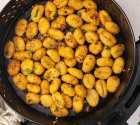 easy tuna chickpea salad sandwich recipe protein packed lunch, Golden and crispy potato gnocchi straight from the air fryer garnished with fresh parsley and Parmesan