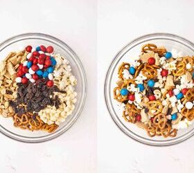 easy red white blue snack mix 4th of july no bake recipe, Red white and blue snack mix with popcorn pretzels M M s white chocolate chips and graham crackers in a bowl