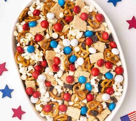easy red white blue snack mix 4th of july no bake recipe, Colorful no bake snack mix served in bowl for 4th of July party with popcorn and chocolate candies