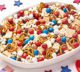easy red white blue snack mix 4th of july no bake recipe, Festive summer snack mix with popcorn peanuts and red white and blue candies in platter