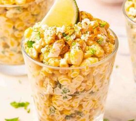 easy red white blue snack mix 4th of july no bake recipe, Creamy Mexican street corn cups in small jars topped with chili powder cilantro tortilla chips and lime wedges