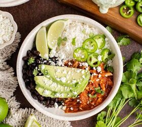 chicken tinga bowl perfect for weekly meal prep, Chicken Tinga bowl from above garnished with cilantro avocado and jalape os
